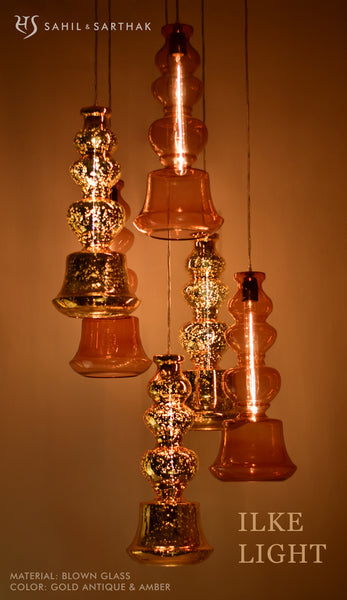 ILKE GOLD & AMBER PENDANT LAMP GLASS